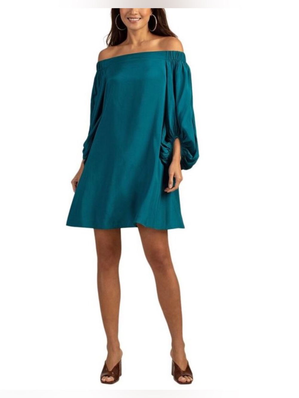 NWT Trina Turk Windward Shift Dress Teal Balloon Sleeve Size Small Trapeze Swing